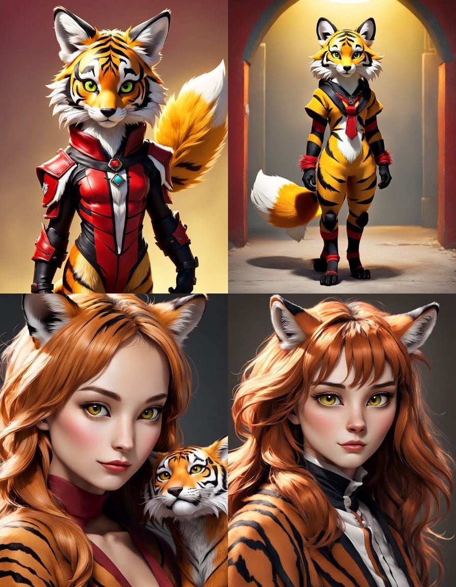 Vibrant Yellow Tiger Fox Fursona with Red Stripes and Gentle...