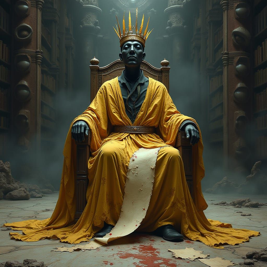 Decaying King on Throne in Dark Surreal Library