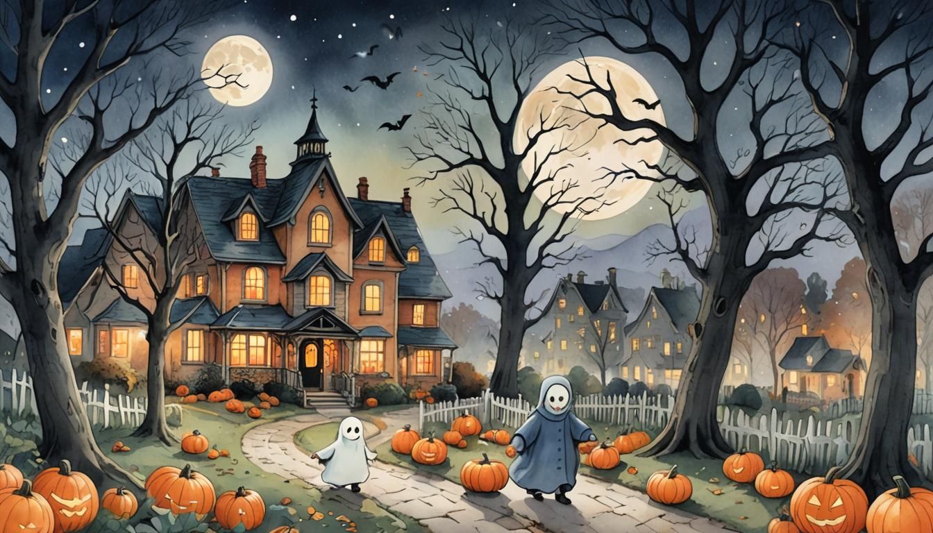 Charming Halloween Night in Watercolor Illustration Style