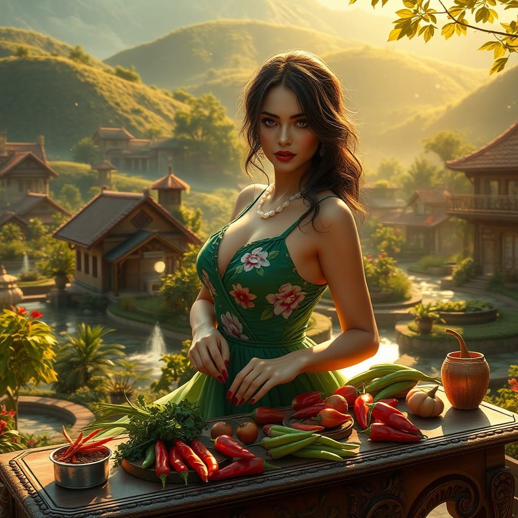 Emerald Green Woman in Fantasy Garden Village