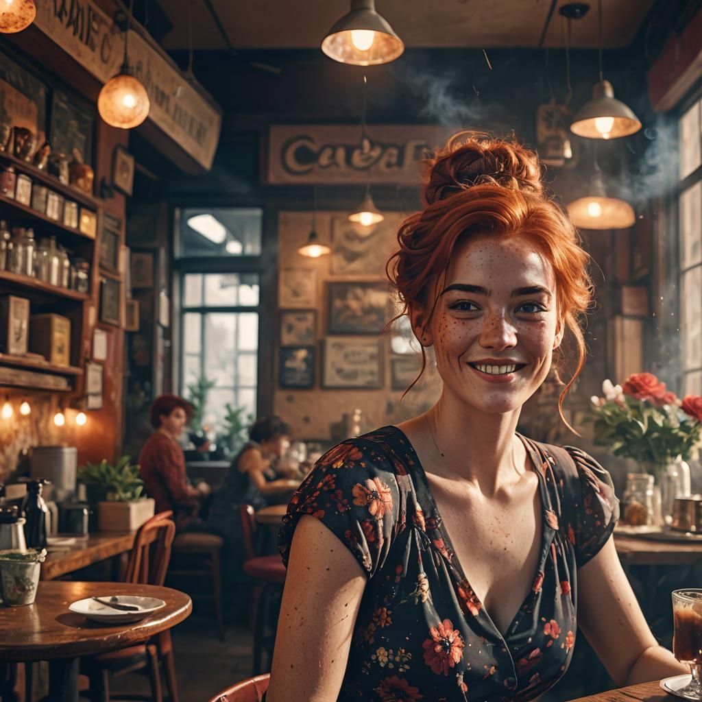Redhead's Warm Smile in Cozy Cafe: Cinematic Portrait