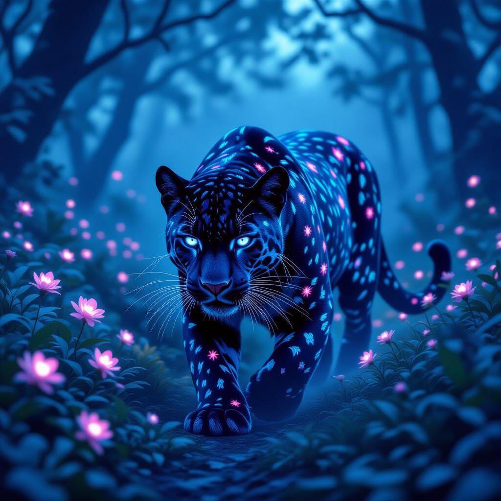 Bioluminescent Panther in Ethereal Forest
