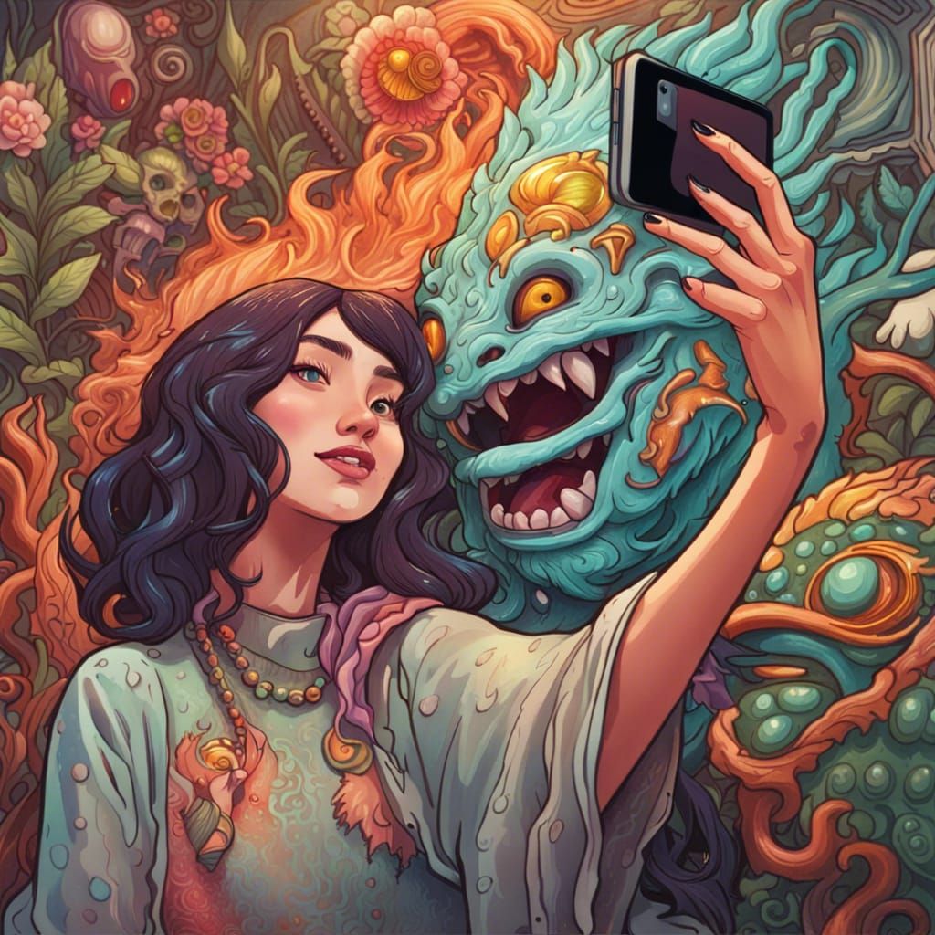 Selfie with a Nurikabe Yokai in Art Nouveau Style