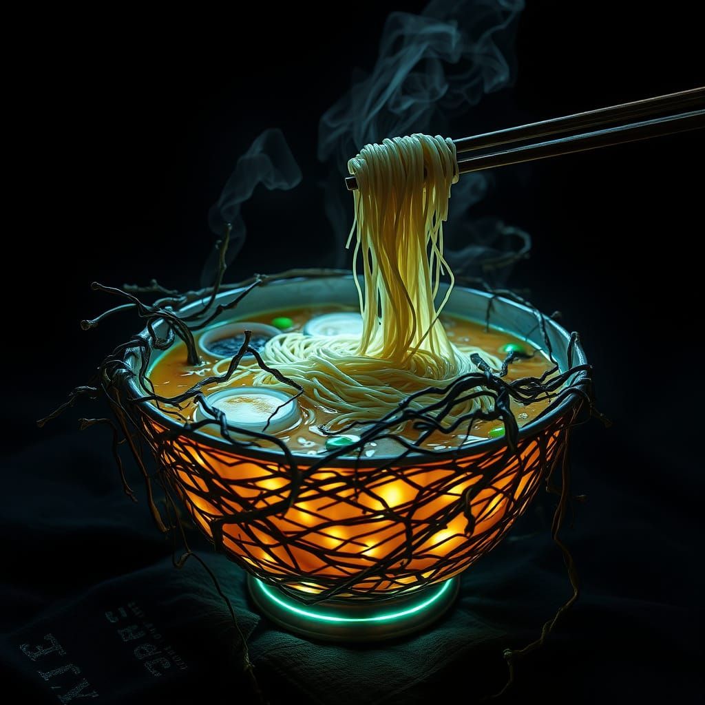Surreal Ramen Bowl Made of Vines and Wires