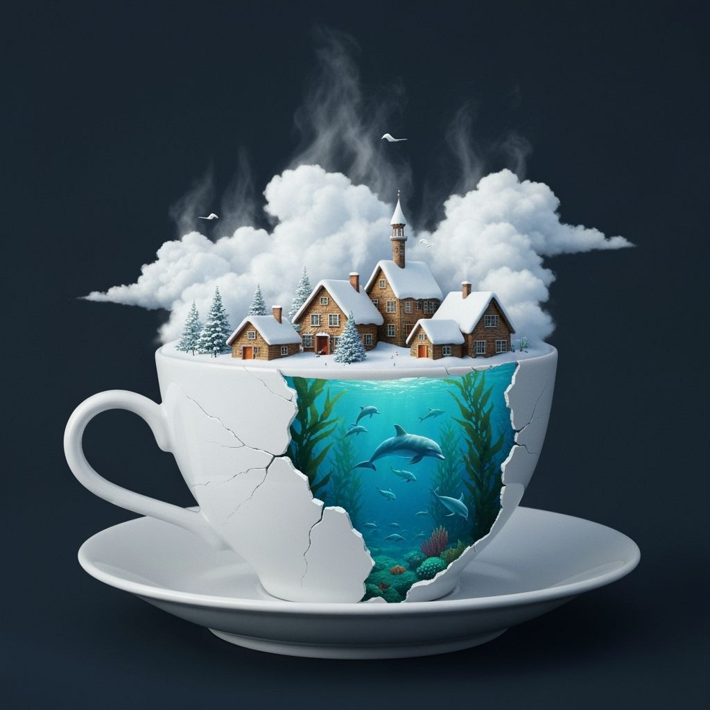 Surreal Teacup Village with Underwater Scene