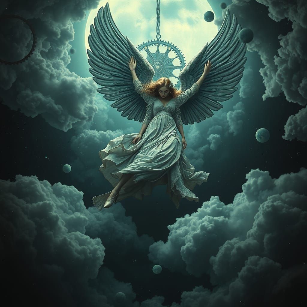 Fallen Angel in Dreamlike Cyberpunk Machinery