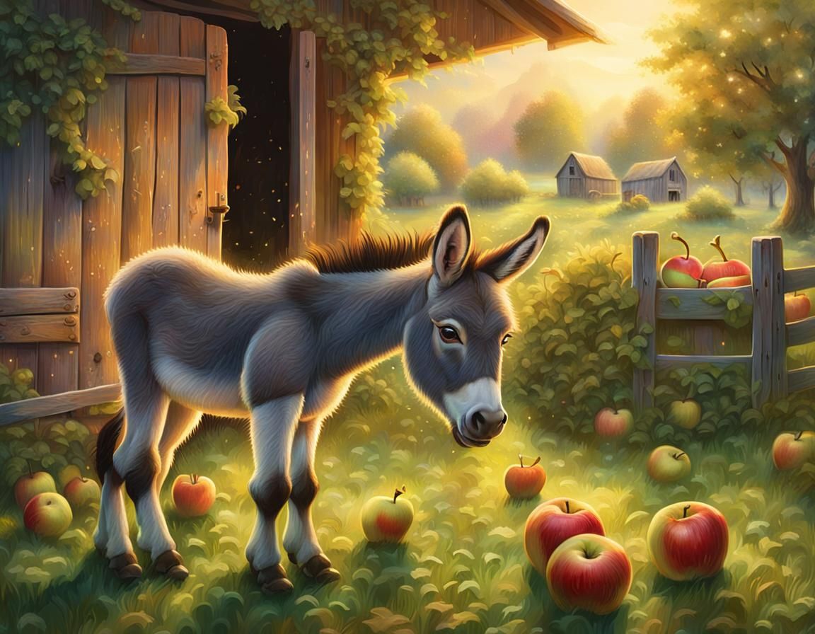 Whimsical Donkey and Apple Orchard in Golden Light