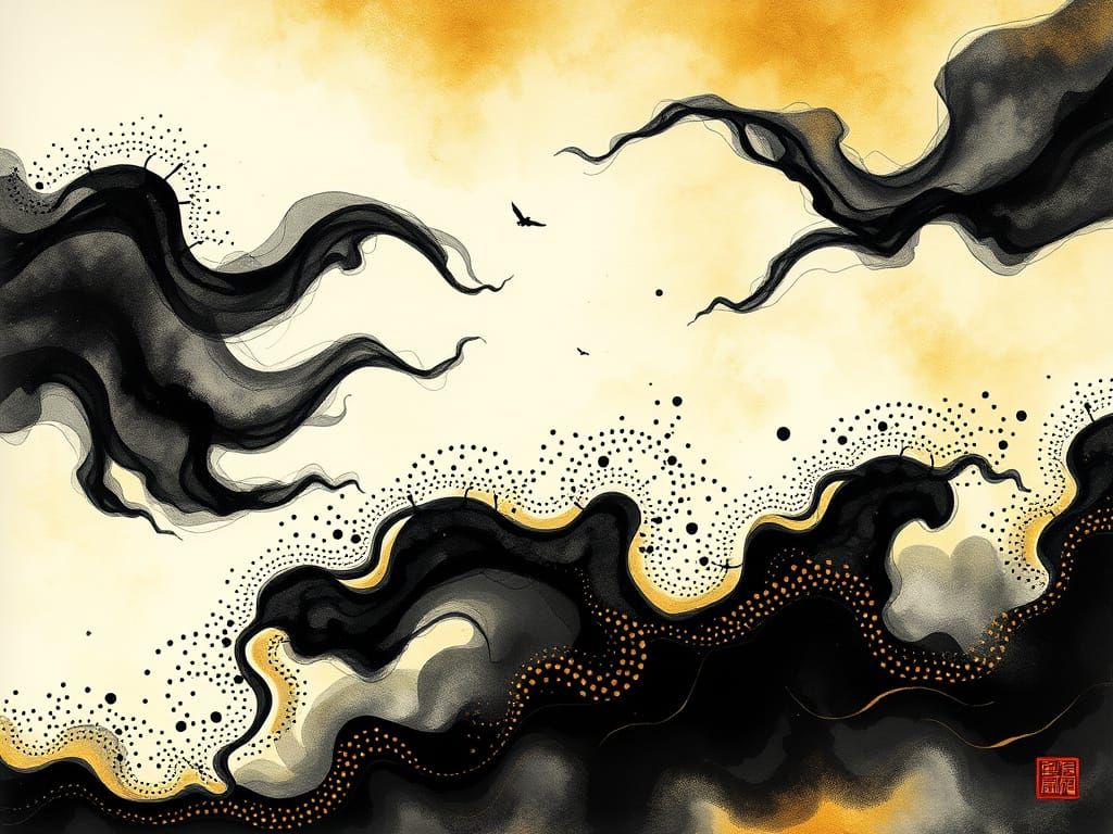 Golden Ink Art Fusion: Sumi-e Meets Aboriginal Patterns