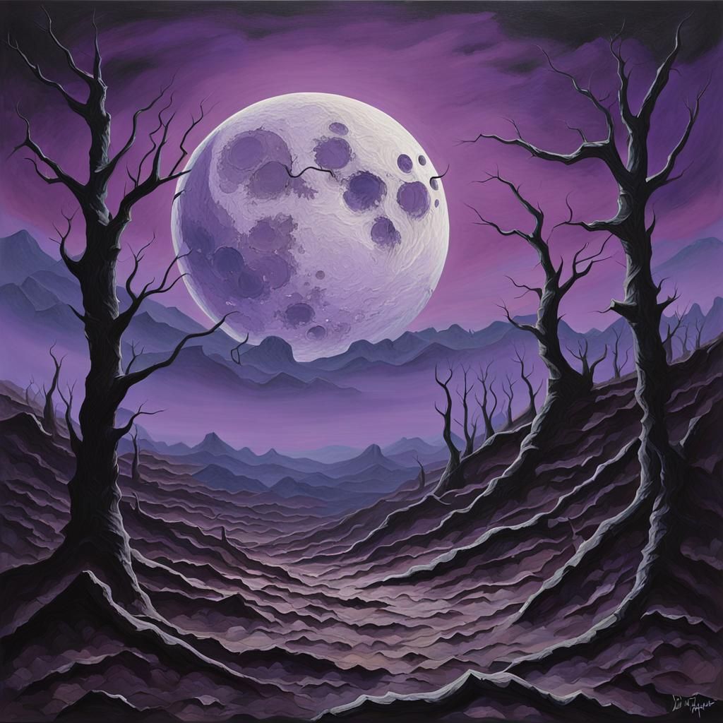 A looming, shattered moon hangs ominously in a violet-hued sky, its jagged edges casting eerie shadows on a barren lands...