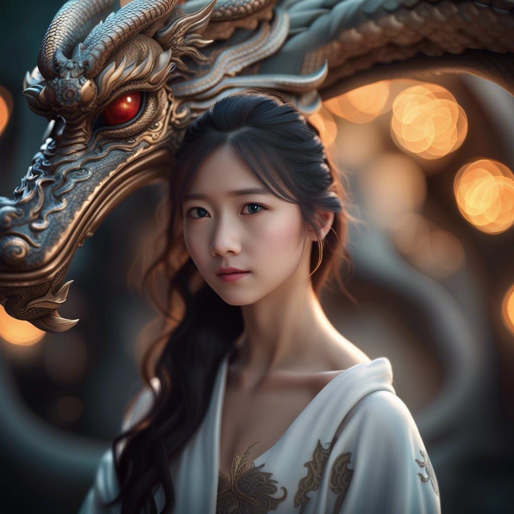 Girl with Angel Wings and Dragon in 3D