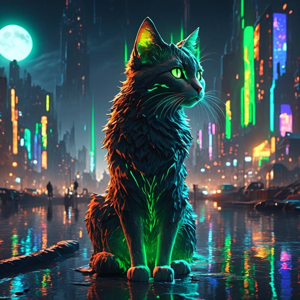 Anime Cat Girl in Cyberpunk Cityscape