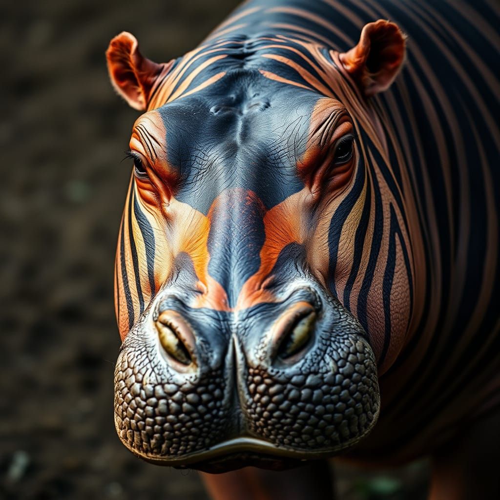 Hippo with Vibrant Zebra Stripes in Analog Style