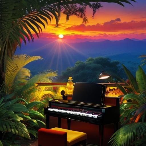 Keyboard in Jungle Sunset: Hyperrealistic Digital Art