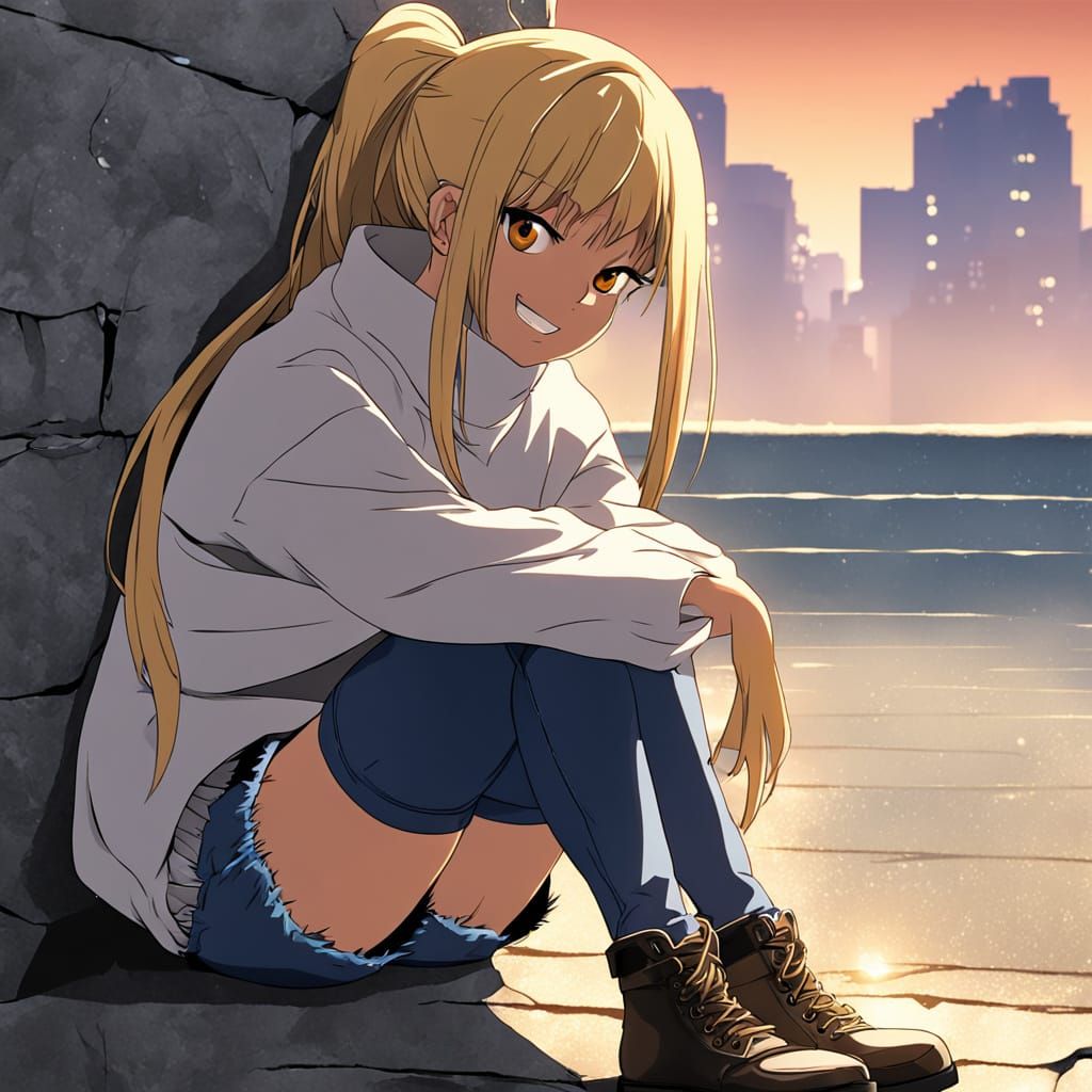 Mischievous Anime Girl at Sunset