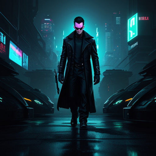 Neo Stands Tall in a Futuristic Cityscape of Neon Lights and...