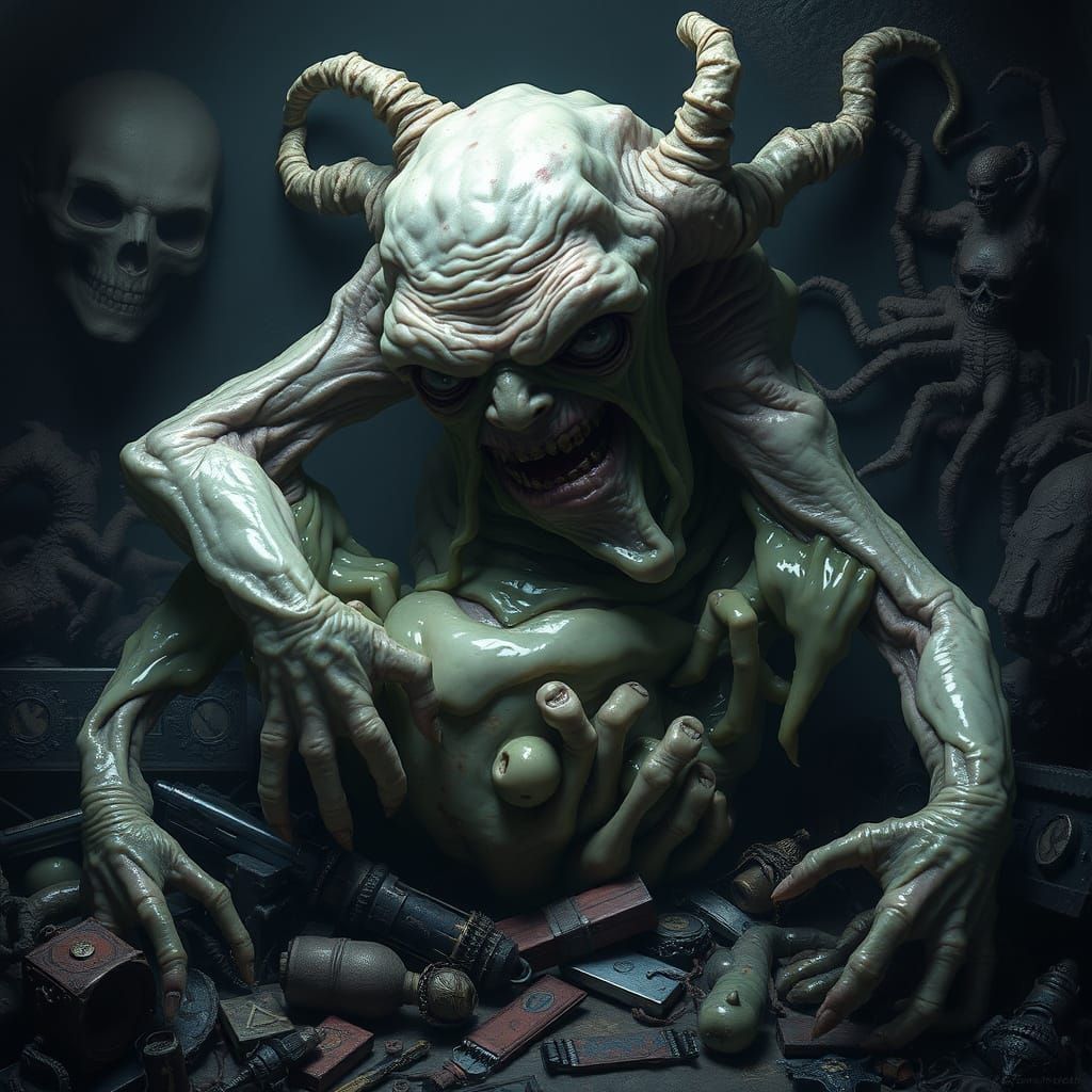 Twisted, Grotesque Creature Amidst a Hoard of Dark Treasures