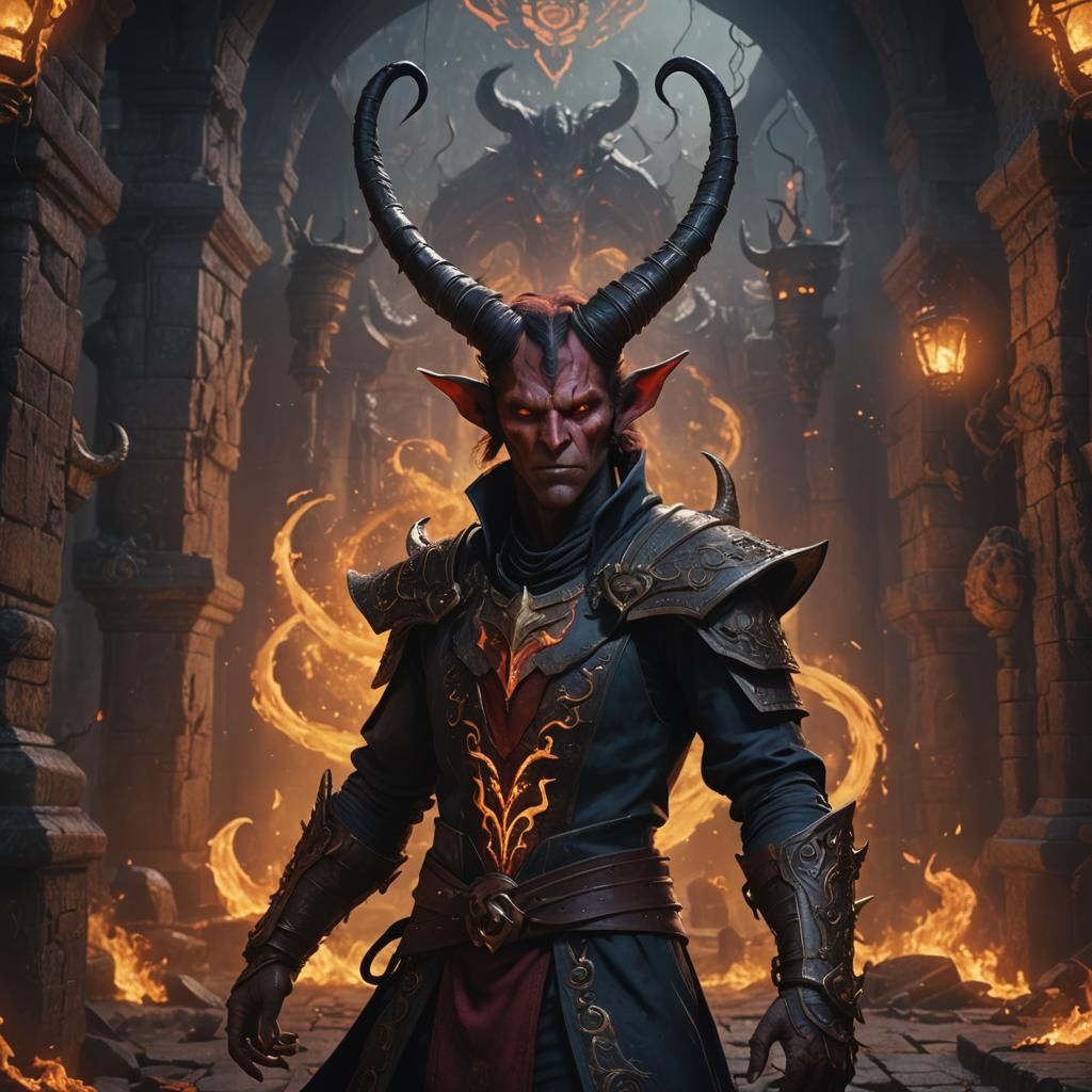 Tiefling Warlock with Horns and Glowing Eyes