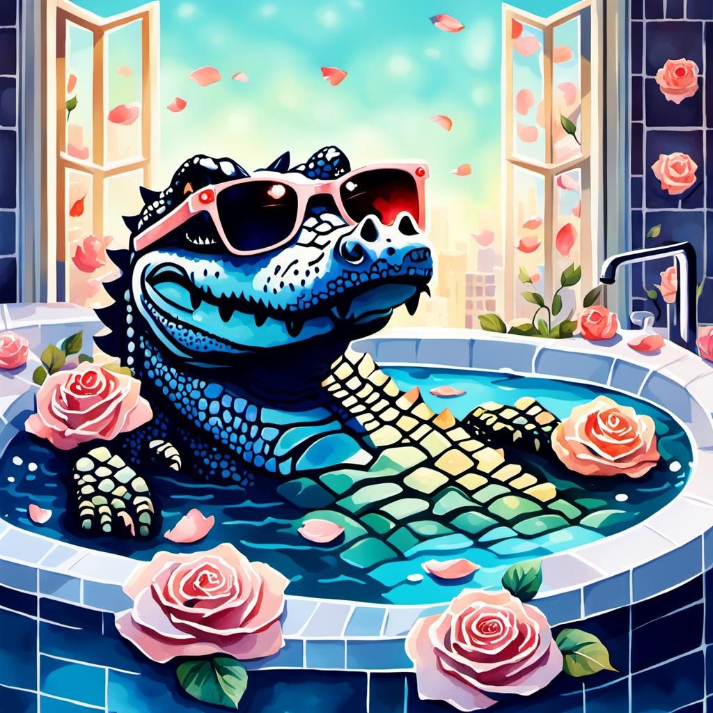 Anime Crocodile in Bathtub Watercolor Art