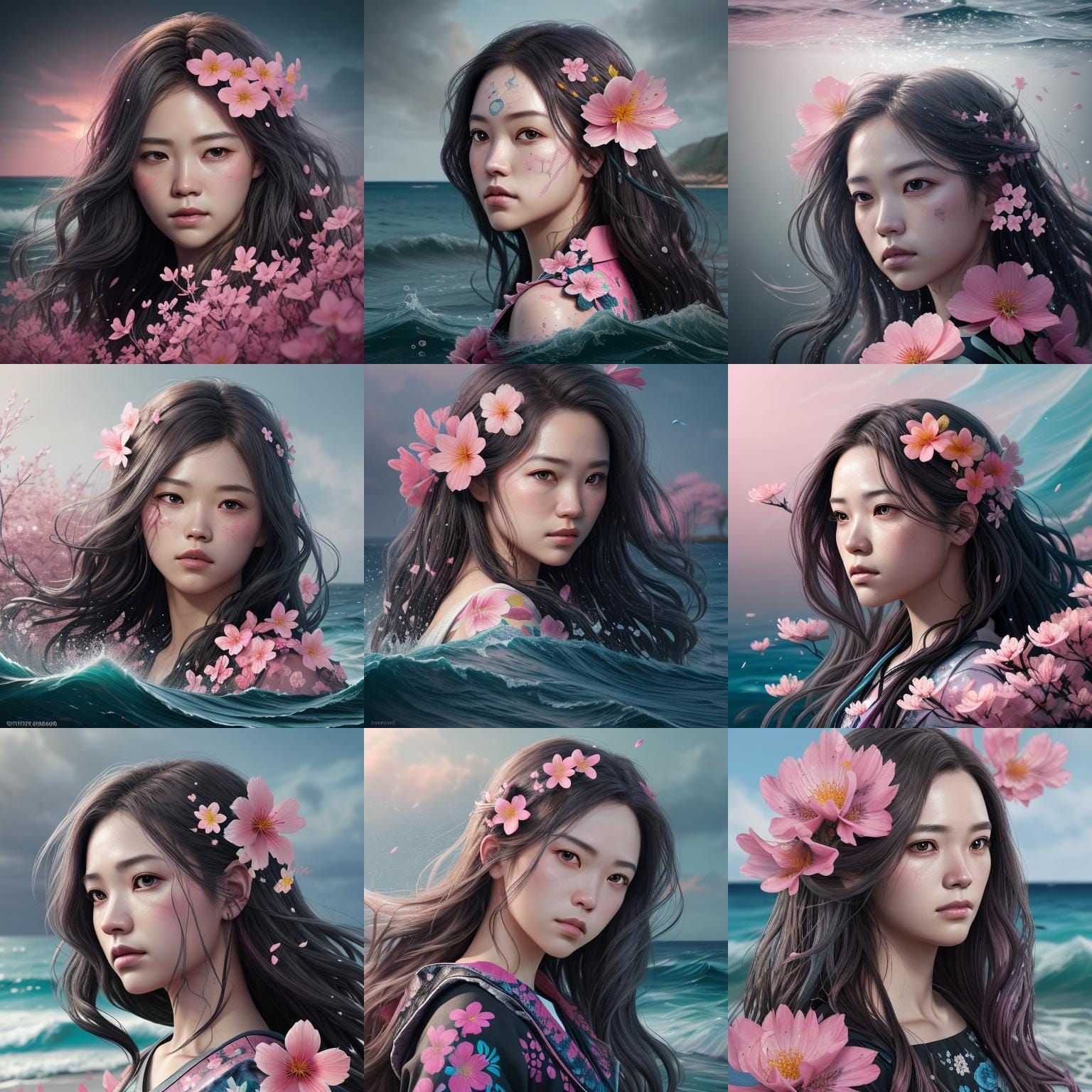 Hyperrealistic Sea Waves and Pink Blossoms Splash Art