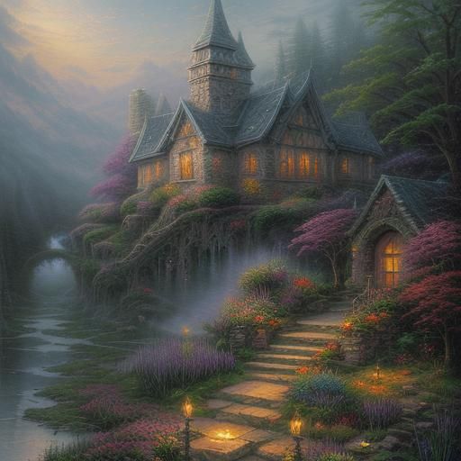 Ethereal Ancient Wisdom in a Kinkade-esque Fantasy