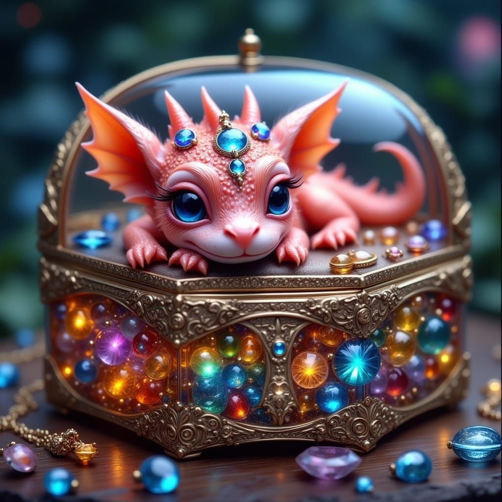 Adorable Baby Dragon in Jeweled Glass Box