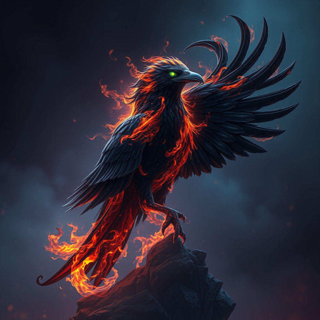 Raven Composed of Swirling Black Flames