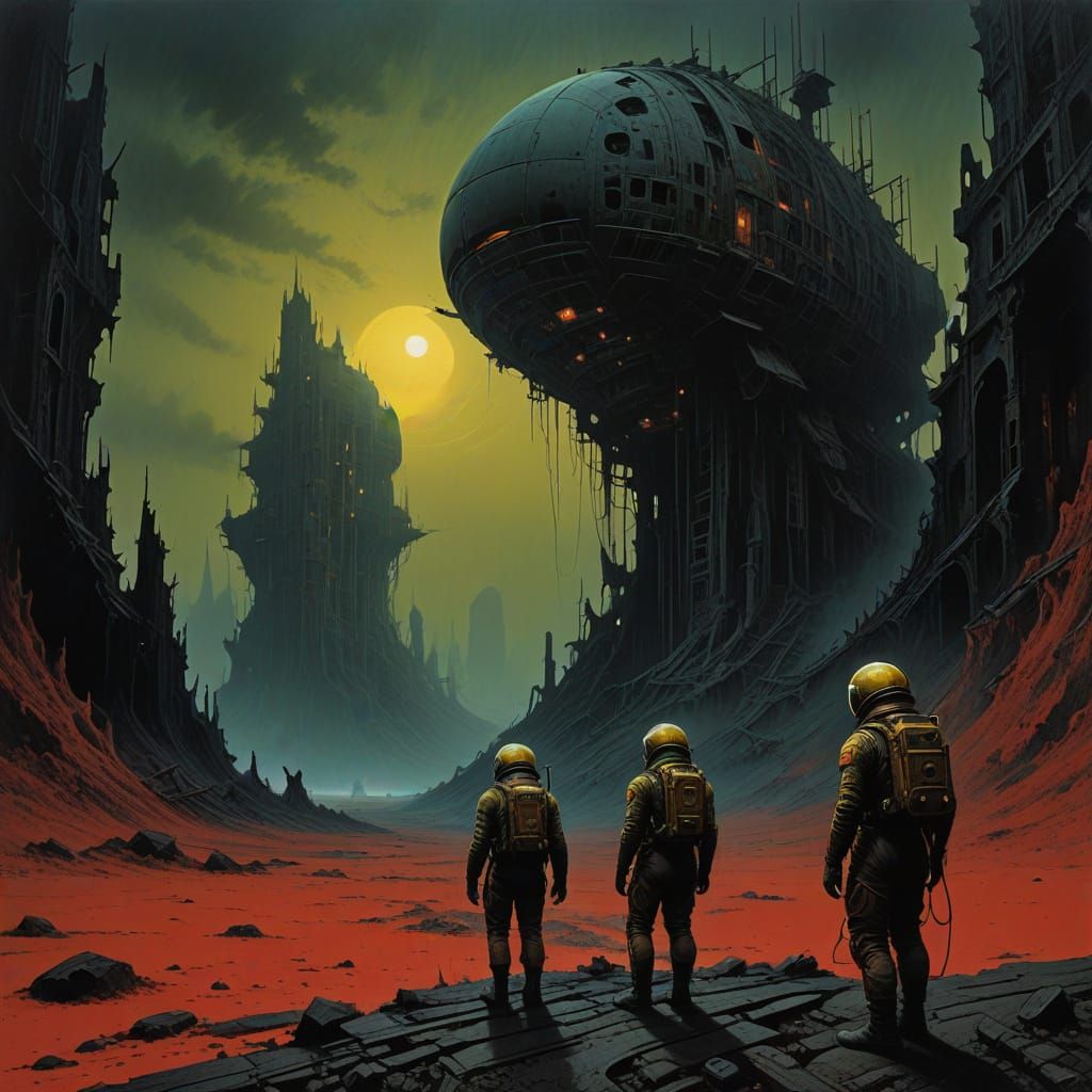 Astronauts in Distressed Spacesuits Fly Over a Barren, Crims...