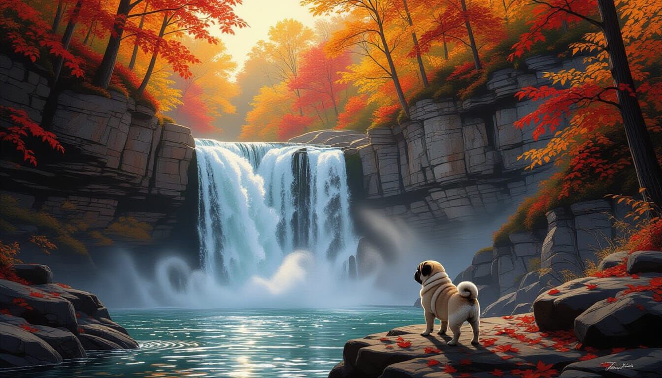 Pug Puppy at Autumn Waterfall, Dramatic Landscape