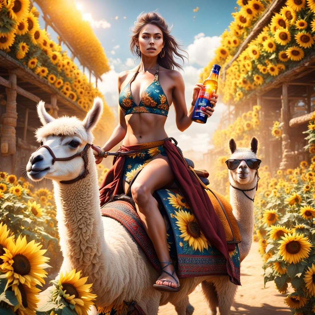 Woman Rides Llama with Red Bull, Sunflowers