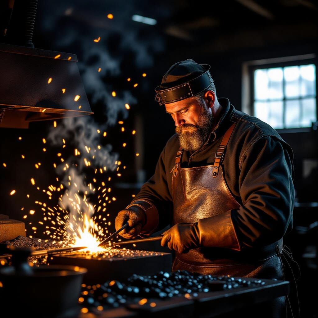 Blacksmith Forging Horseshoe on Warhorse in Forge