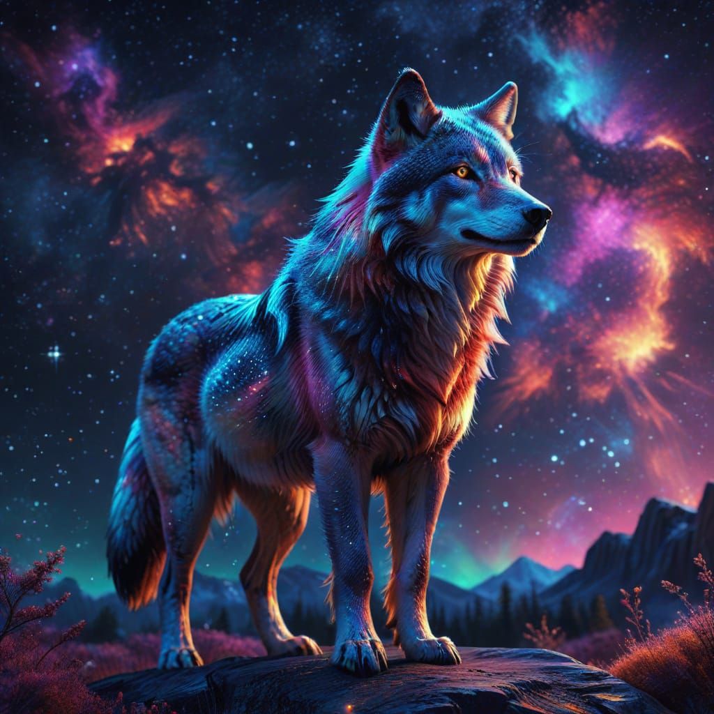 Shining Wolf in Starry Sky: Cosmic Concept Art