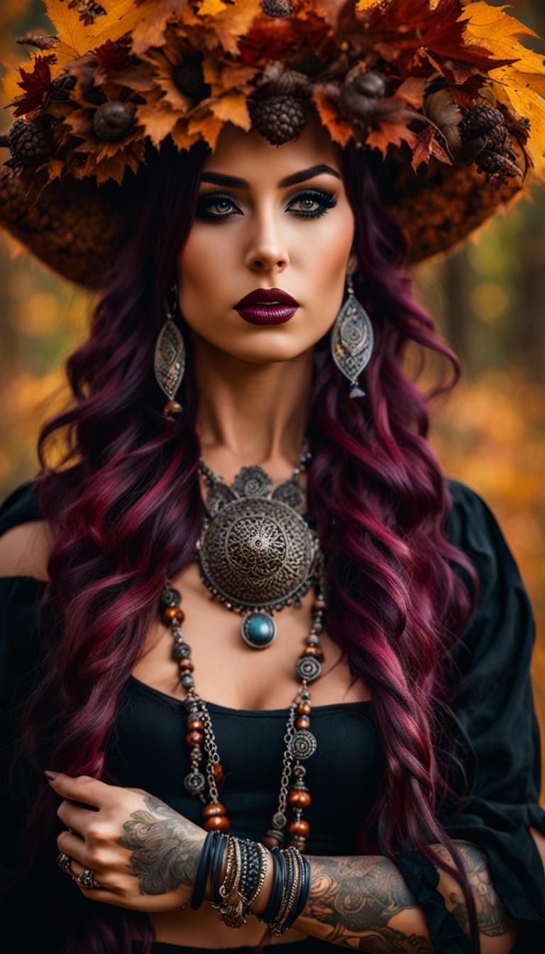 Beautiful Tattooed Girl in Autumn Magic Forest