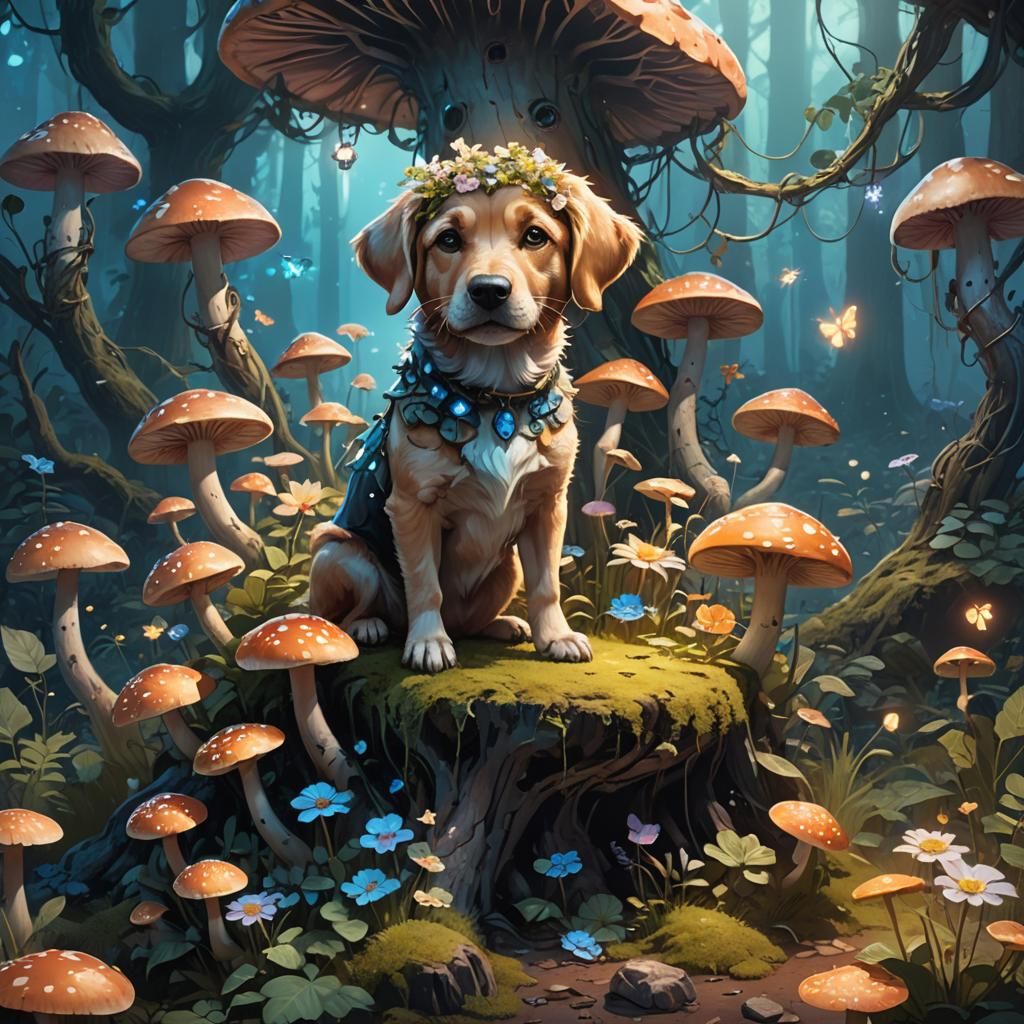 Dog King on Mushroom Throne in Mystical Forest