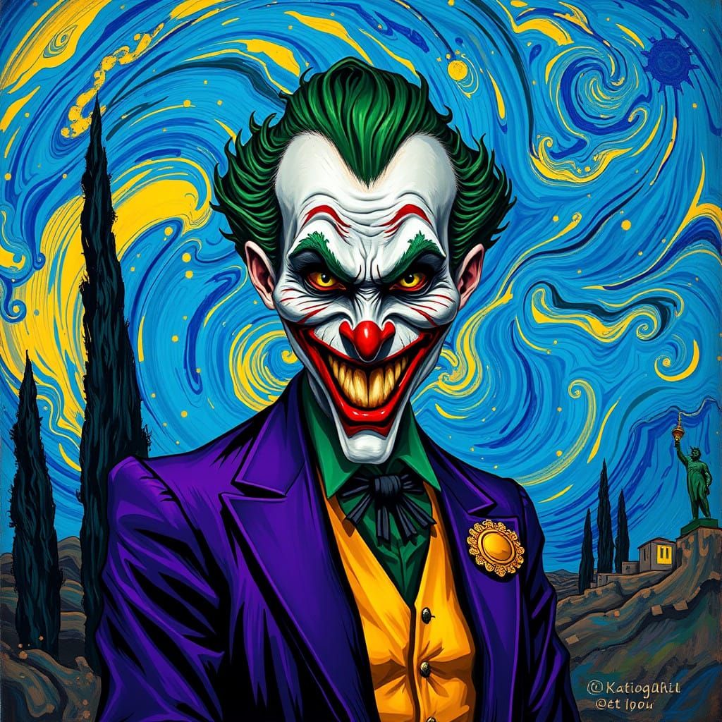 Maniacal Joker in Post-Impressionist Landscape