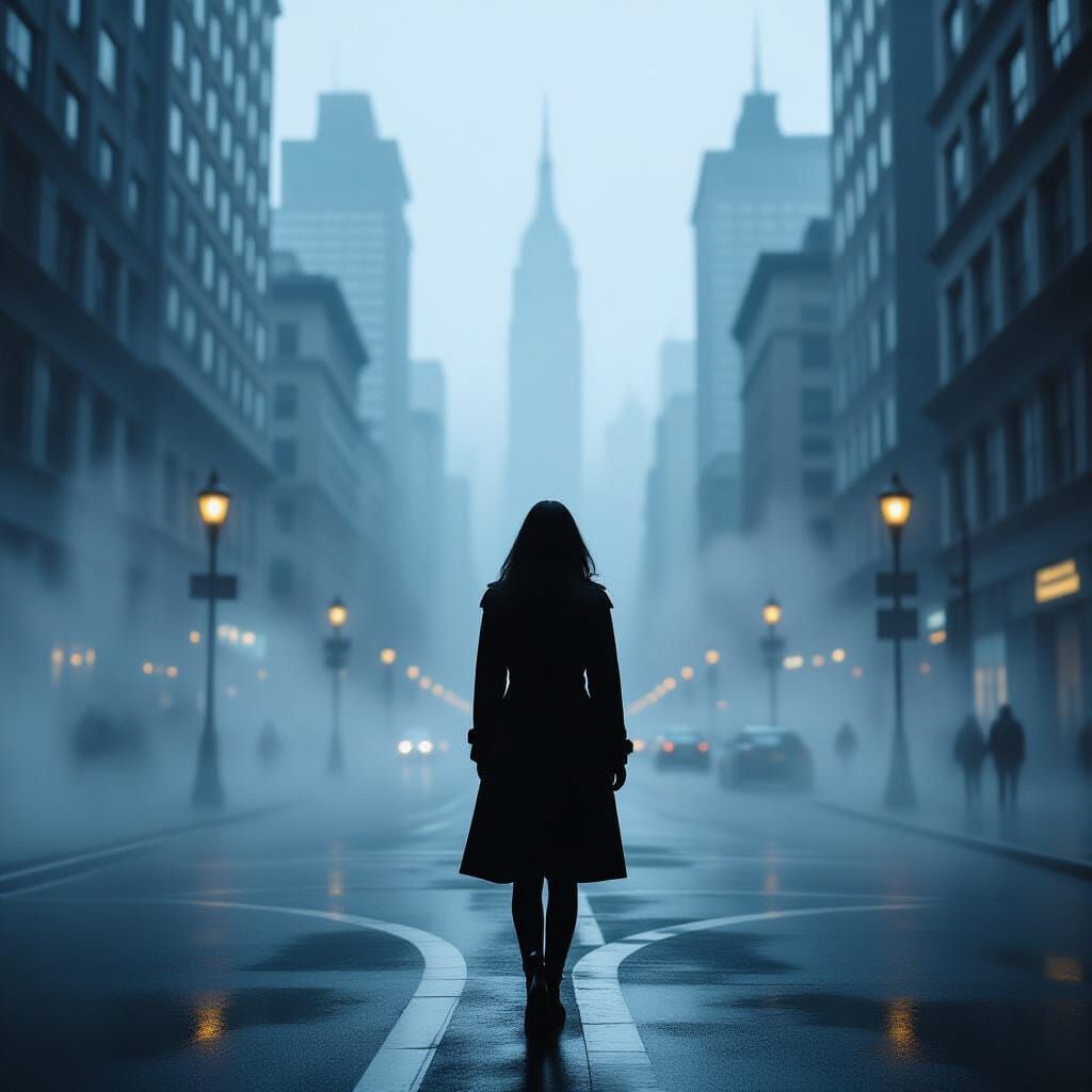 Mysterious Woman in Foggy Metropolis Crossroads