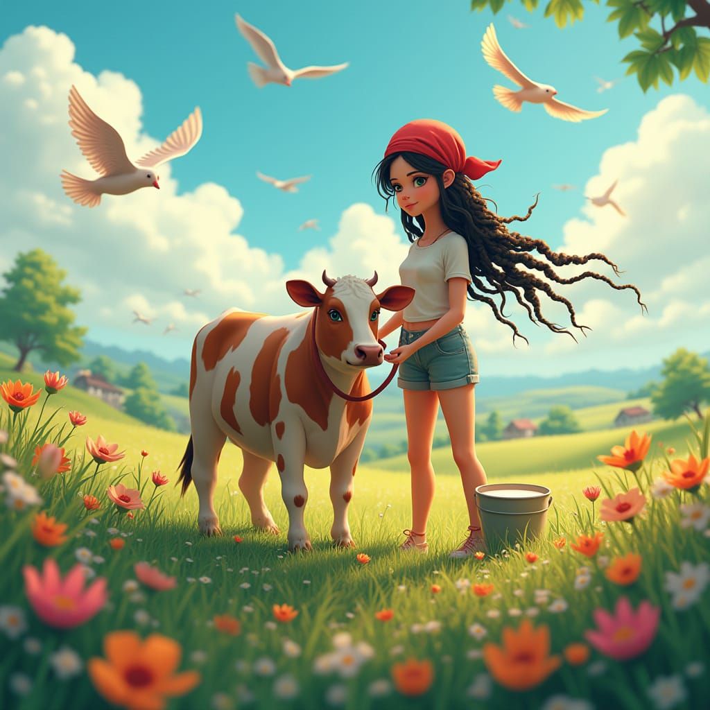 Woman Milking Cow in Serene Village, Hyper-Realistic Style