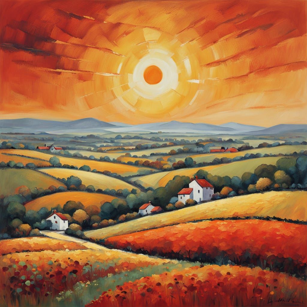 Idyllic Landscape Painting with Oversized Sun