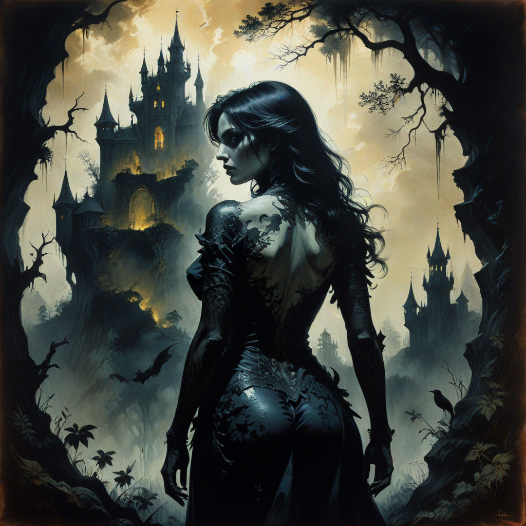 Ethereal Vampire Goddess Amidst Dark Forest Flames