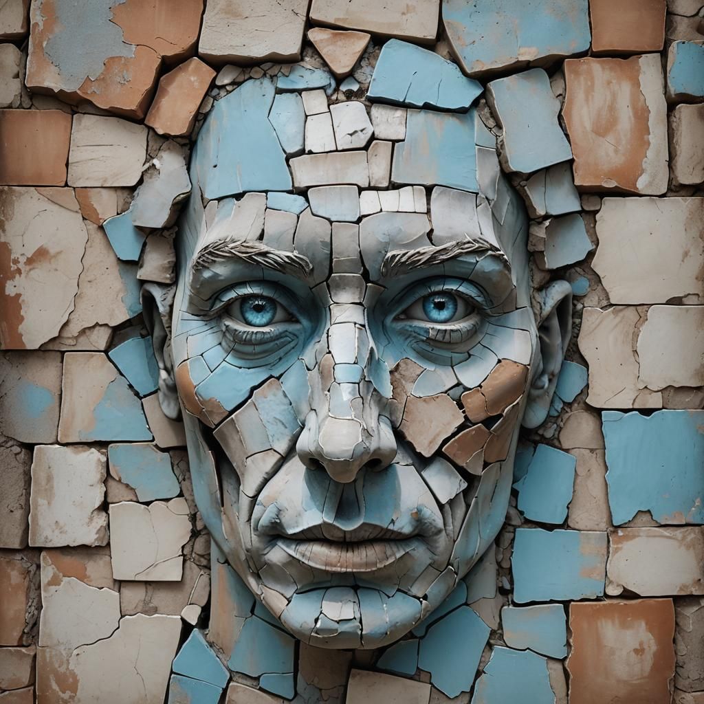 Surreal Fractured Face Emerges from Ancient Ruins