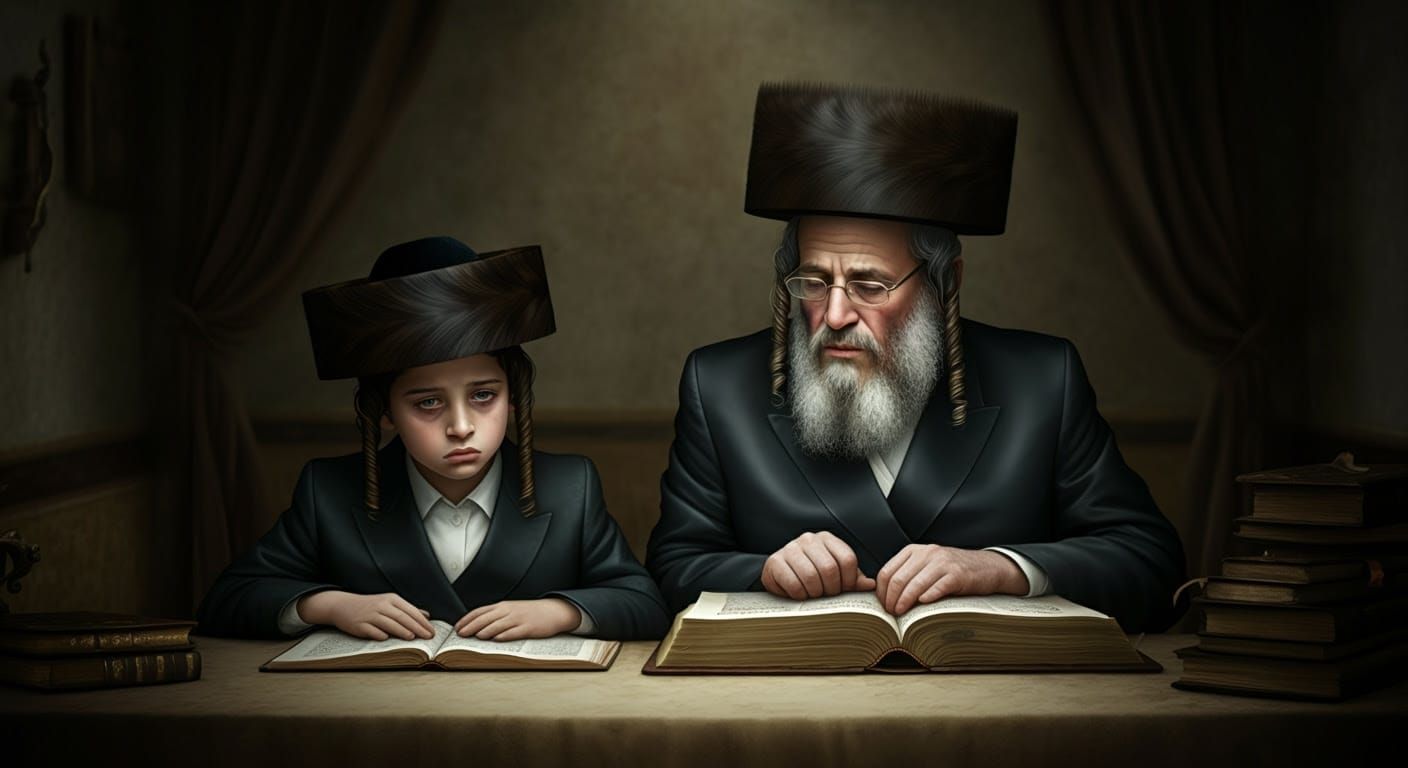 Traditional Hasidic Father and Son Study Torah in a Somber M...