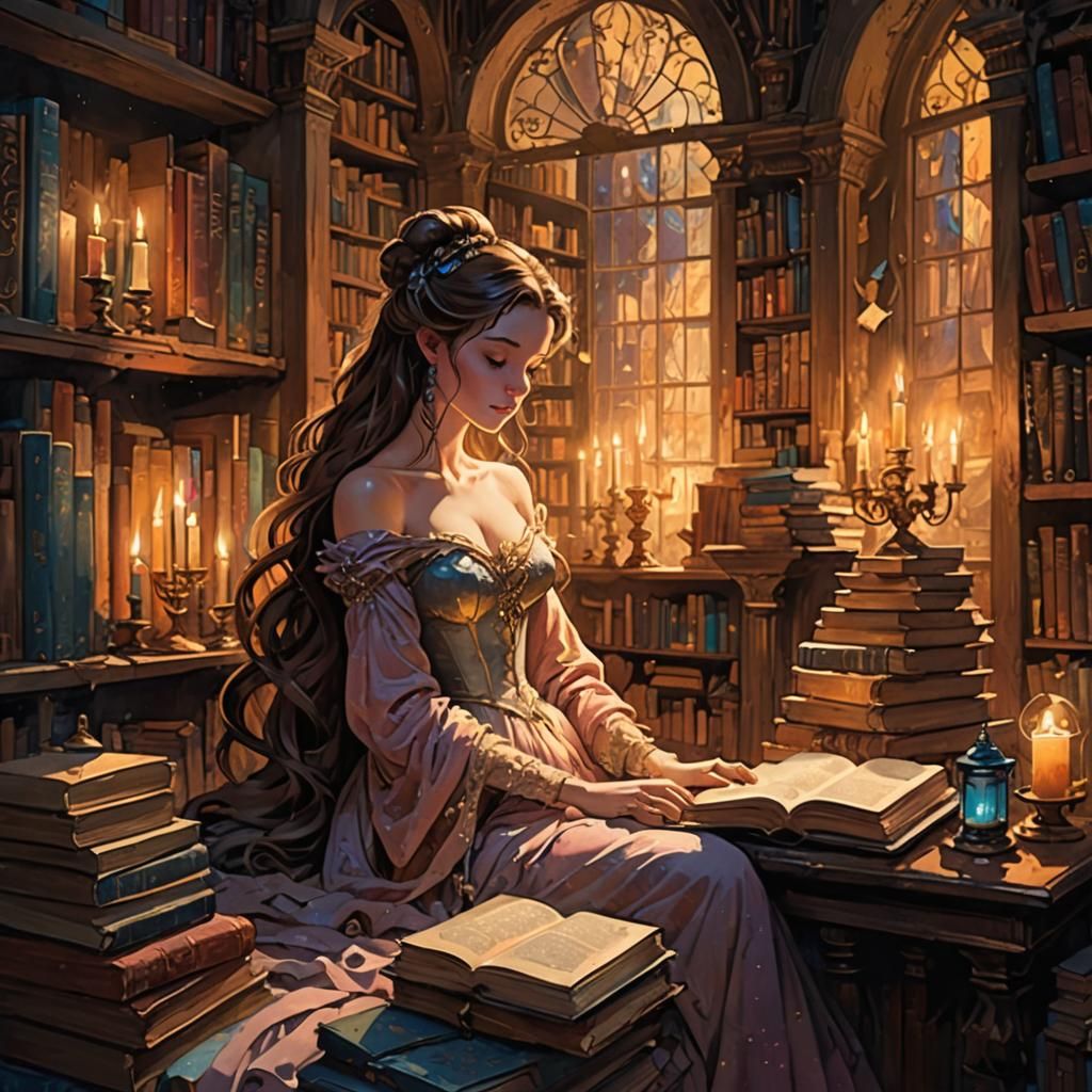 Belle in Dreamlike Library, Storybook Illustration