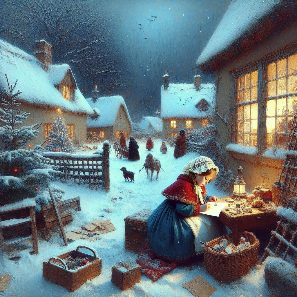 A Mysterious Christmas Scene in a Snowy Country Village