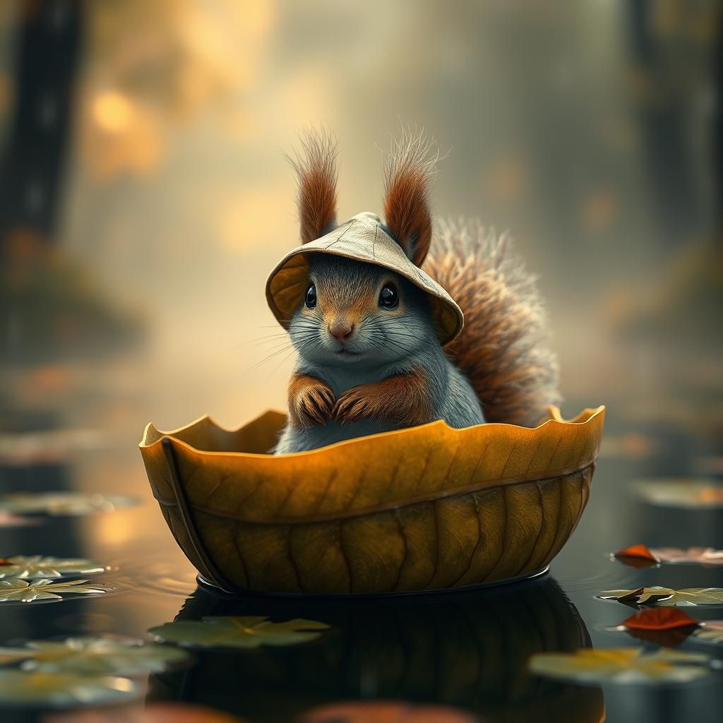 Squirrel in Leaf Boat on Misty Pond