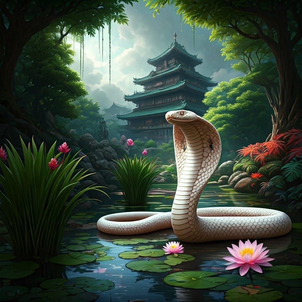 Lily-White Cobra at Pond with Japanese Castle