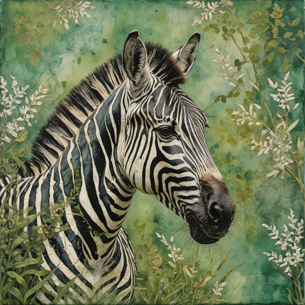 Zebra Portrait in Encaustic with Verdant Hues
