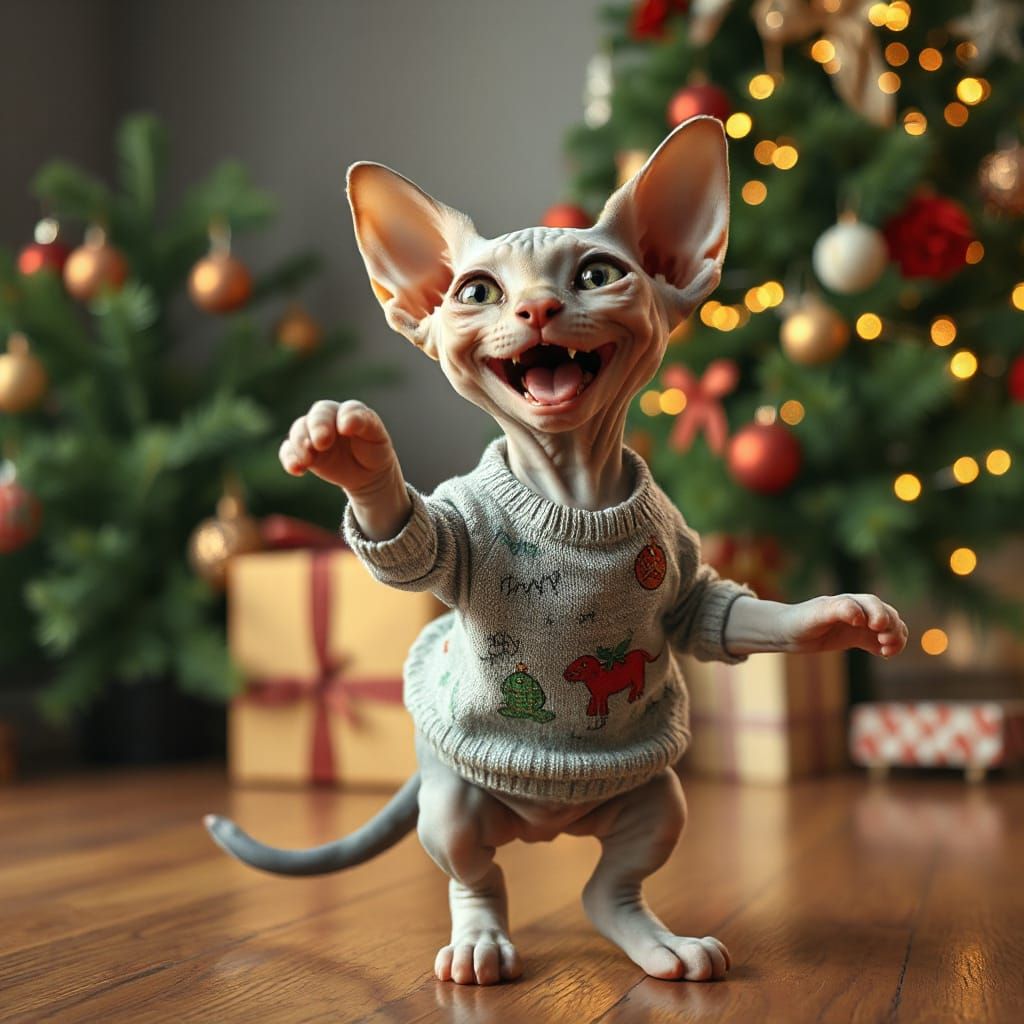 Joyful Sphynx Cat Dancing in Christmas Sweater
