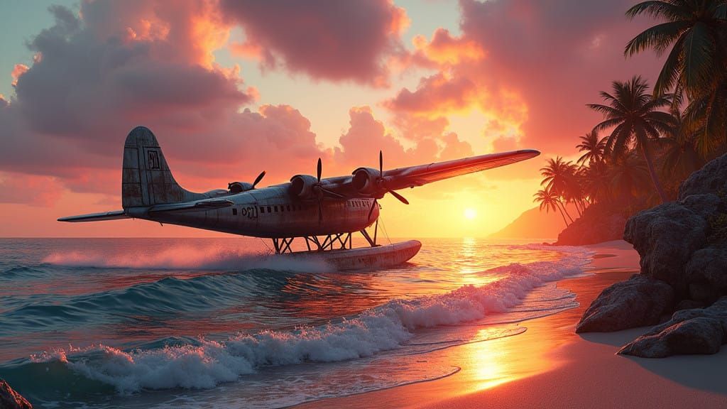 Twin Engine Seaplane Lands on Ocean at Sunset