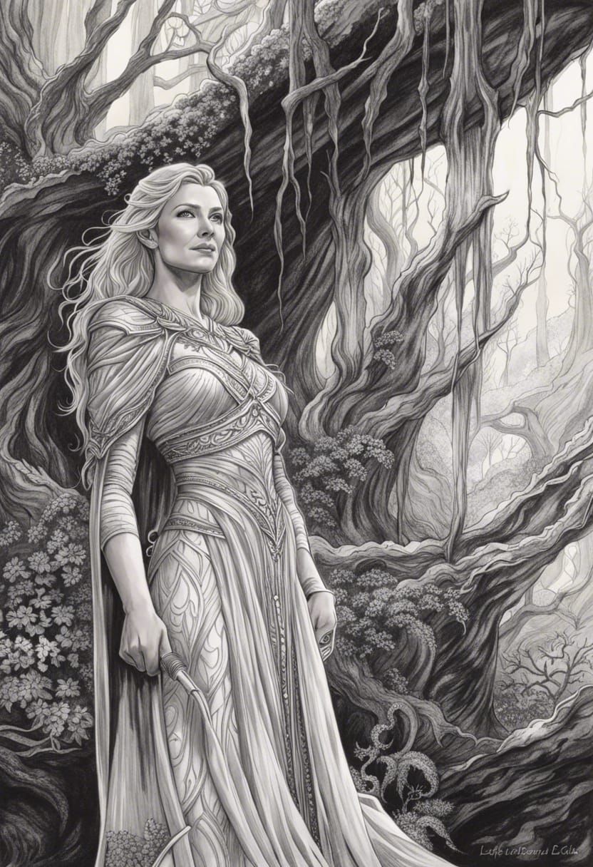 Galadriel: Hyperdetailed Ink Drawing of Lothlórien