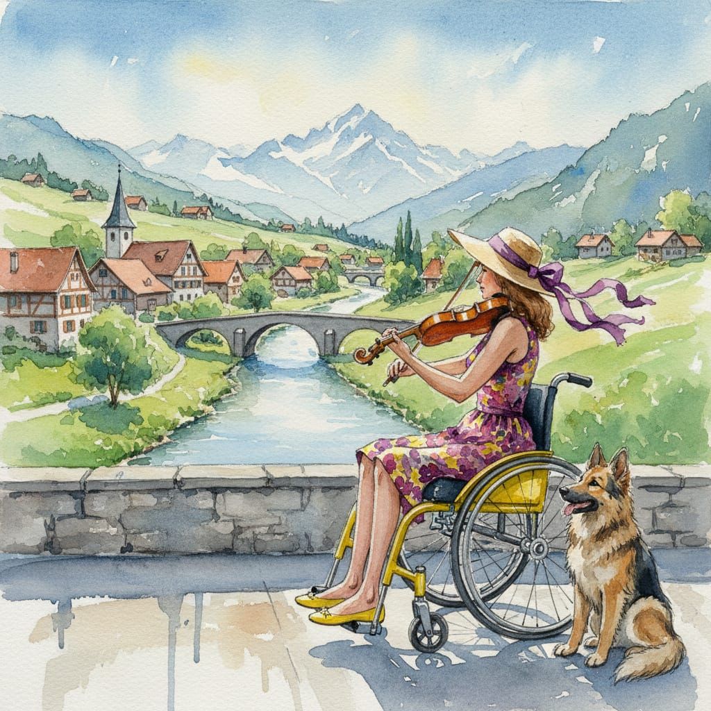 Impressionist Watercolor of Woman Playing Violin in Swiss Vi...