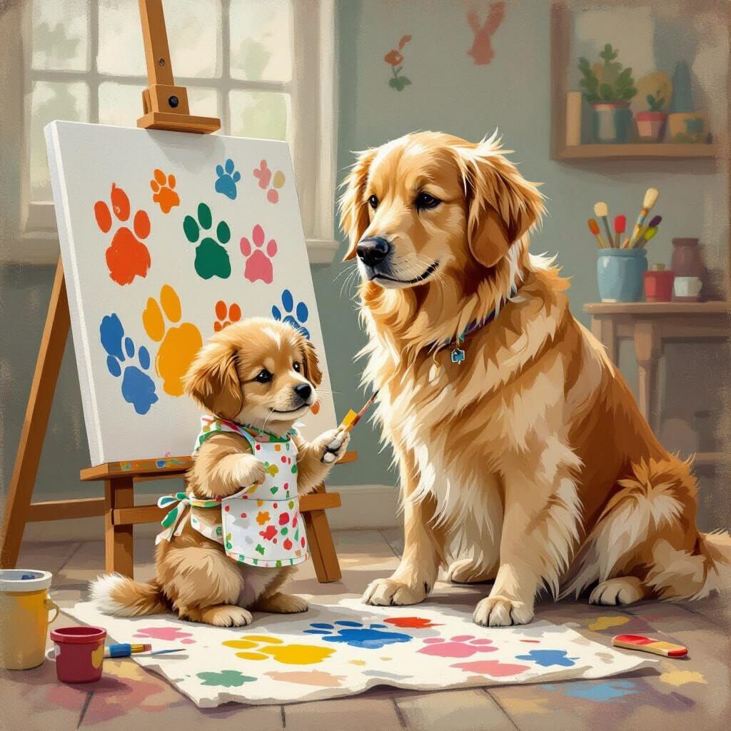 Adorable Puppy's Paw Print Painting in Beatrix Potter Style